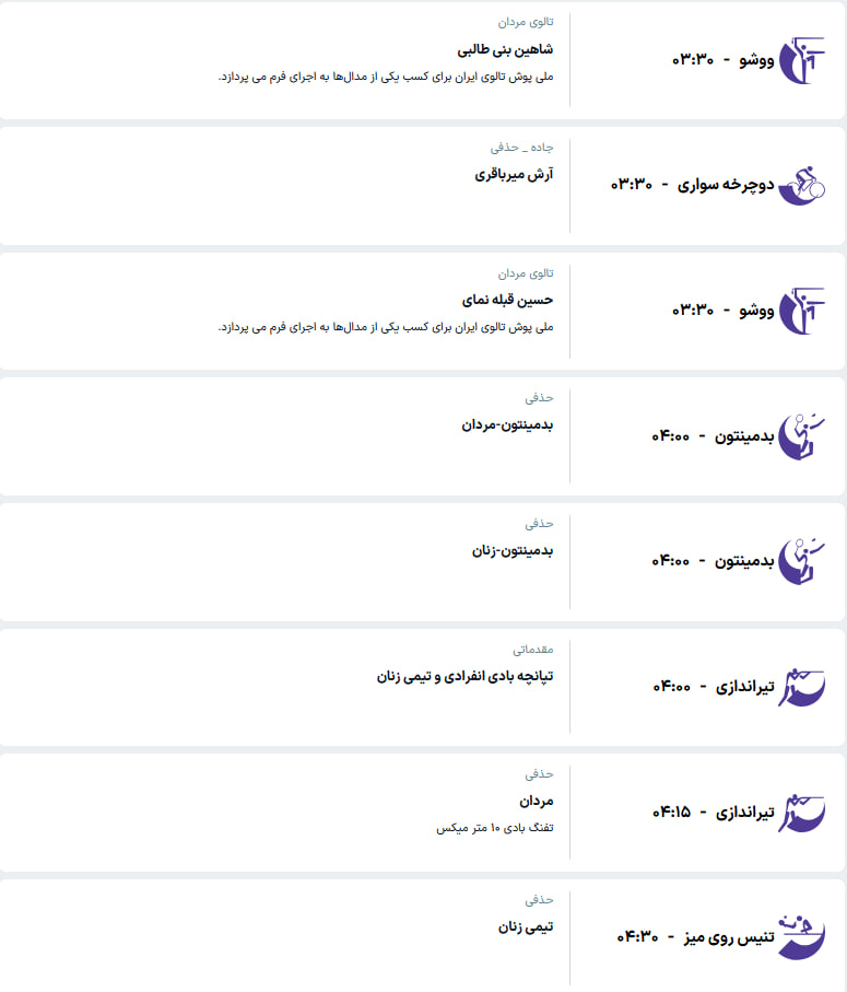 برنامه مسابقات کاروان ایران در ناگویا (سه‌شنبه، ۳۱ شهریور ۱۴۰۵)