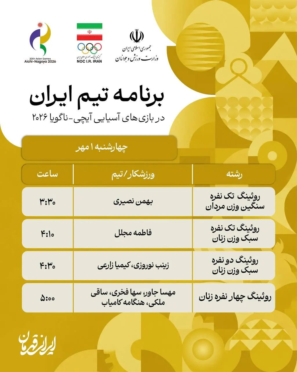 برنامه مسابقات کاروان ایران در ناگویا (چهارشنبه، یکم مهر ۱۴۰۵)