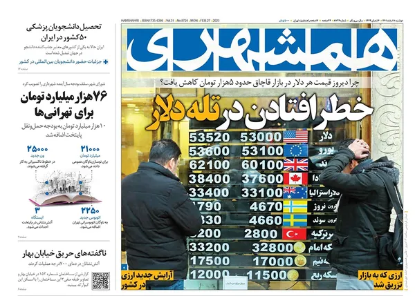 صفحه نخست روزنامه‌های کشور - دوشنبه ۸ اسفند ۱۴۰۱