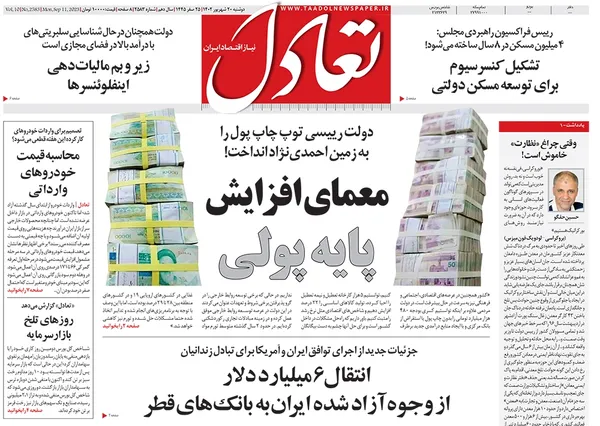 صفحه نخست روزنامه‌های کشور - دوشنبه ۲۰ شهریور ۱۴۰۲