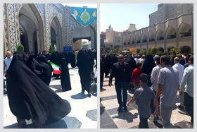 حرکت زائران از صحن&zwnj;های مختلف حرم مطهر رضوی به سمت باب&zwnj;الجواد(ع) و محل آغاز راهپیمایی ضد رژیم صهیونیستی