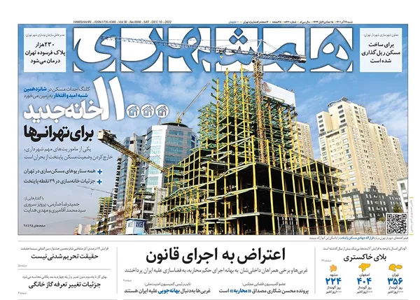 صفحه نخست روزنامه‌های کشور - شنبه ۱۹ آذر ۱۴۰۱