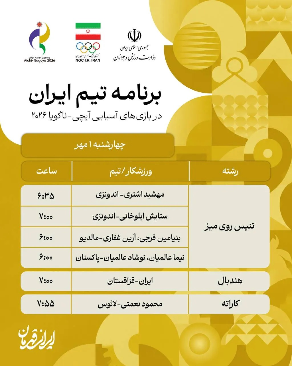 برنامه مسابقات کاروان ایران در ناگویا (چهارشنبه، یکم مهر ۱۴۰۵)