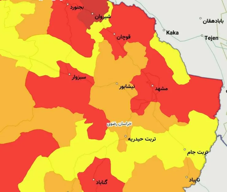 قرار گرفتن ۸ شهرستان خراسان رضوی در وضعیت قرمز کرونایی
