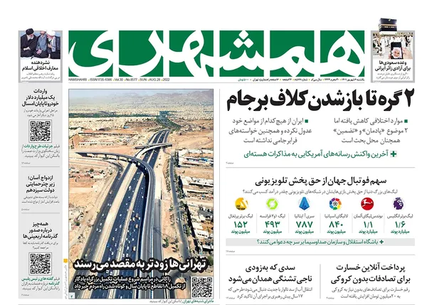 صفحه نخست روزنامه‌های کشور - یکشنبه ۶ شهریور ۱۴۰۱