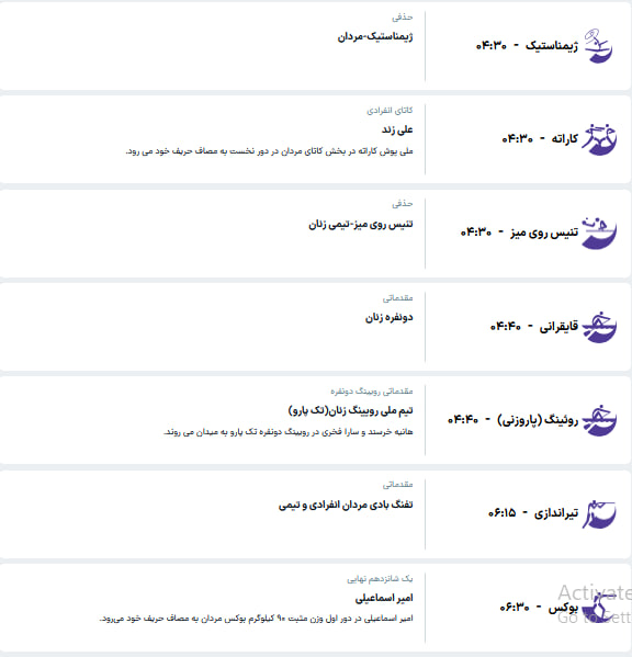 برنامه مسابقات کاروان ایران در ناگویا (دوشنبه، ۳۰ شهریور ۱۴۰۵)