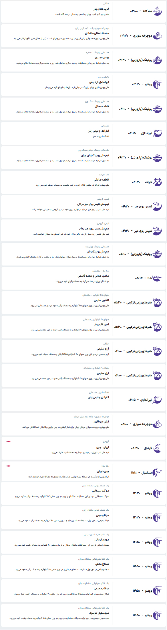 برنامه مسابقات کاروان ایران در ناگویا (۲۹ شهریور ماه ۱۴۰۵)