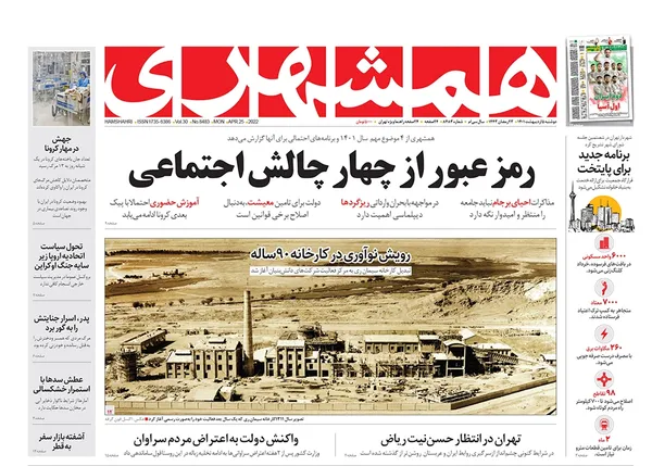صفحه نخست روزنامه‌های کشور - دوشنبه ۵ اردیبهشت ۱۴۰۱