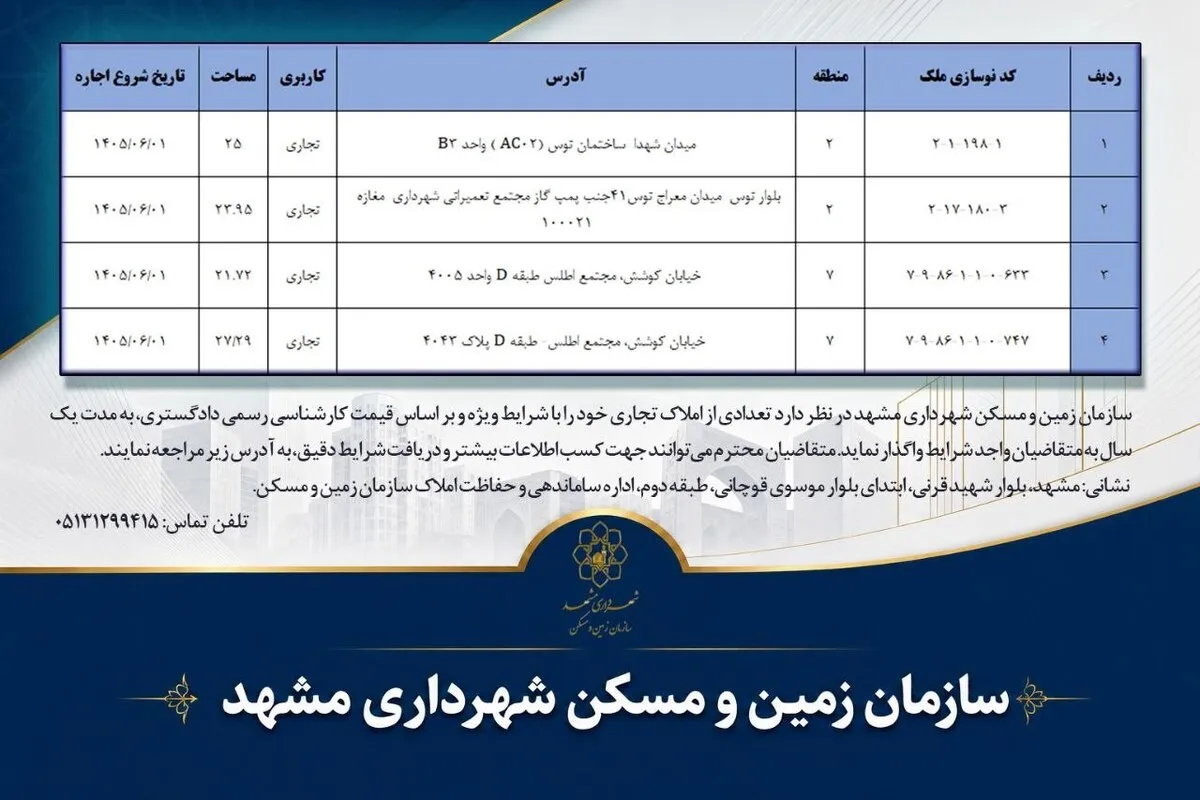 آگهی اجاره املاک تجاری سازمان زمین و مسکن شهرداری مشهد