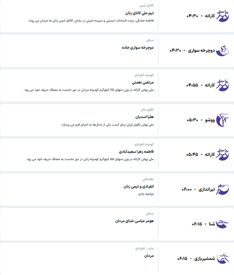 برنامه مسابقات کاروان ایران در ناگویا (سه‌شنبه، ۳۱ شهریور ۱۴۰۵)