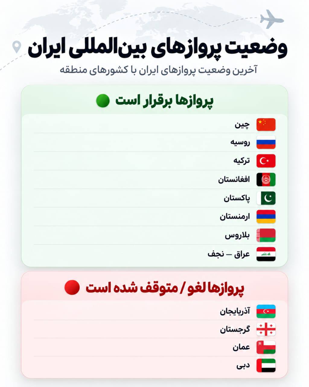 پرواز‌های ایران به کدام کشور‌ها برقرار است؟ + اینفوگرافیک (۲ مهرماه ۱۴۰۵)