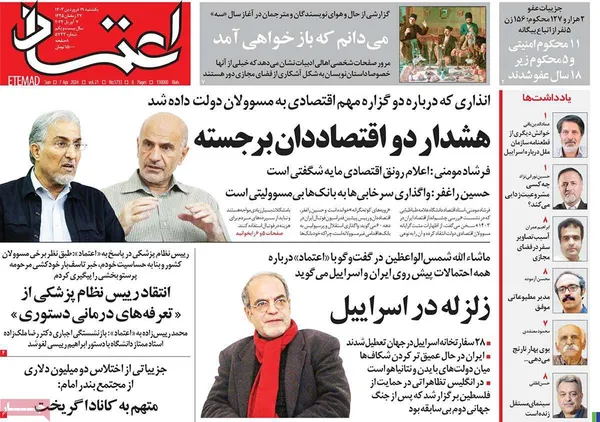 صفحه نخست روزنامه‌های کشور - یکشنبه ۱۹ فروردین۱۴۰۳