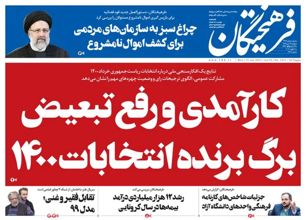 صفحه نخست روزنامه‌های کشور - دوشنبه ۲۲ دی ۱۳۹۹