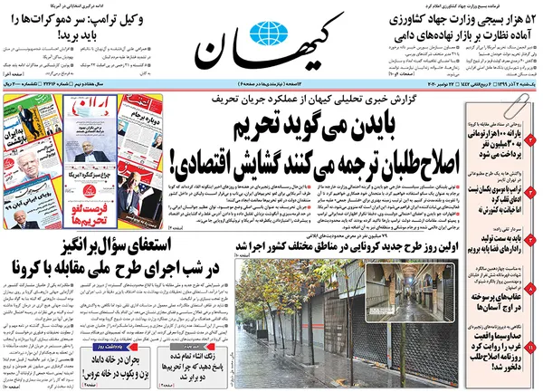 صفحه نخست روزنامه‌های کشور - یکشنبه ۲ آذر ۱۳۹۹