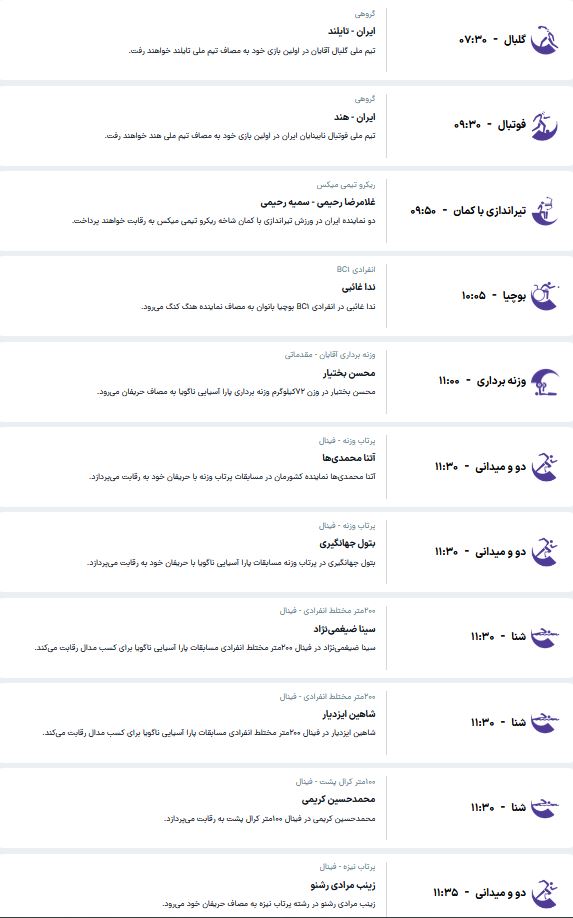 برنامه مسابقات ورزشکاران ایران در پاراآسیایی ناگویا (سه‌شنبه، ۲۸ مهر ۱۴۰۵)