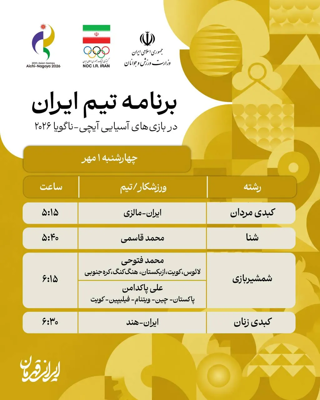 برنامه مسابقات کاروان ایران در ناگویا (چهارشنبه، یکم مهر ۱۴۰۵)