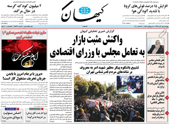 صفحه نخست روزنامه‌های کشور - پنجشنبه ۱ آبان ۱۳۹۹