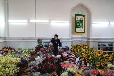 گل آرایی حرم مطهر رضوی در آستانه میلاد امام رضا (ع)