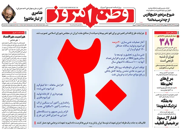 صفحه نخست روزنامه‌های کشور - چهارشنبه ۱۲ آذر ۱۳۹۹