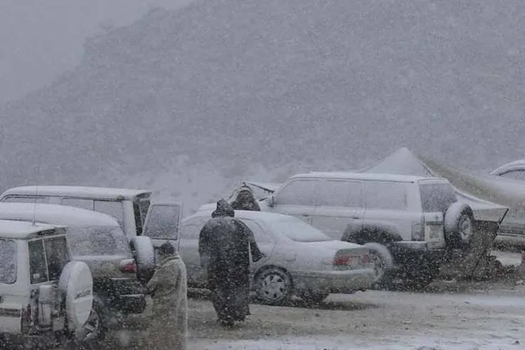 بارش سنگین برف در بیابان‌های تبوک عربستان + فیلم