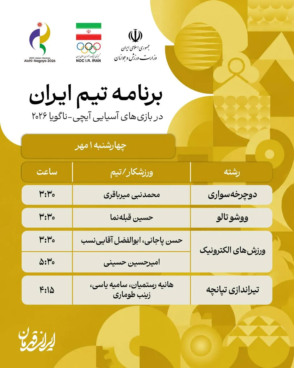 برنامه مسابقات کاروان ایران در ناگویا (چهارشنبه، یکم مهر ۱۴۰۵)
