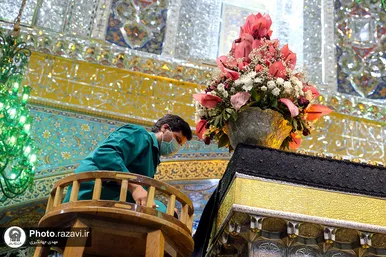 تعویض پرچم گنبد و پوش ضریح مطهر حرم رضوی همزمان با سوم ربیع الاول